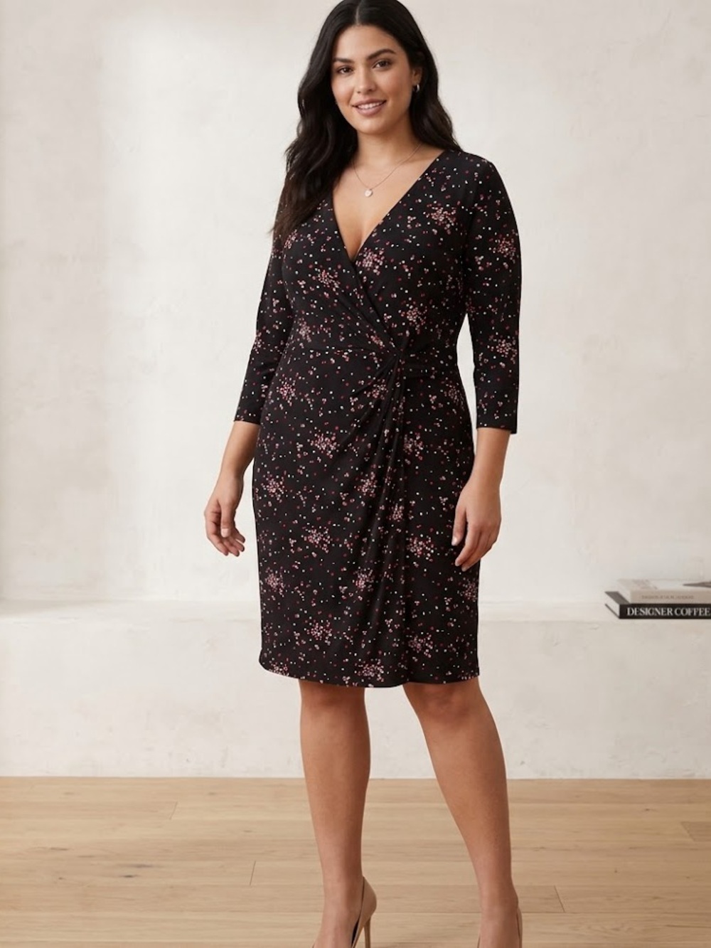 Ann Taylor Black and Pink Floral Faux Wrap Dress